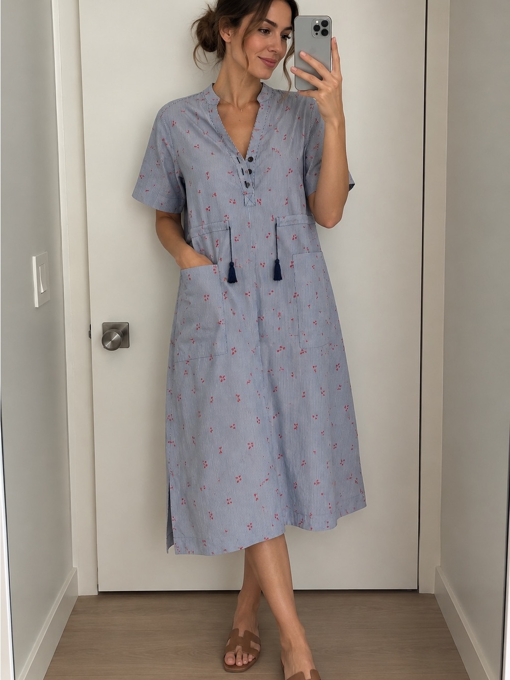 Light Blue Floral Cotton Midi Dress with Tassel Detail